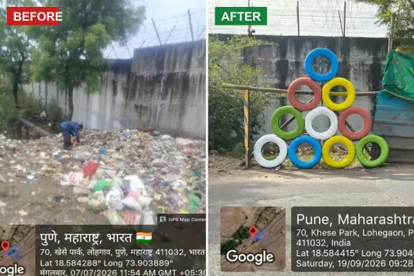 Garbage against a wall at Khese Park, Lohegaon in July, and painted tyres at the same spot in September